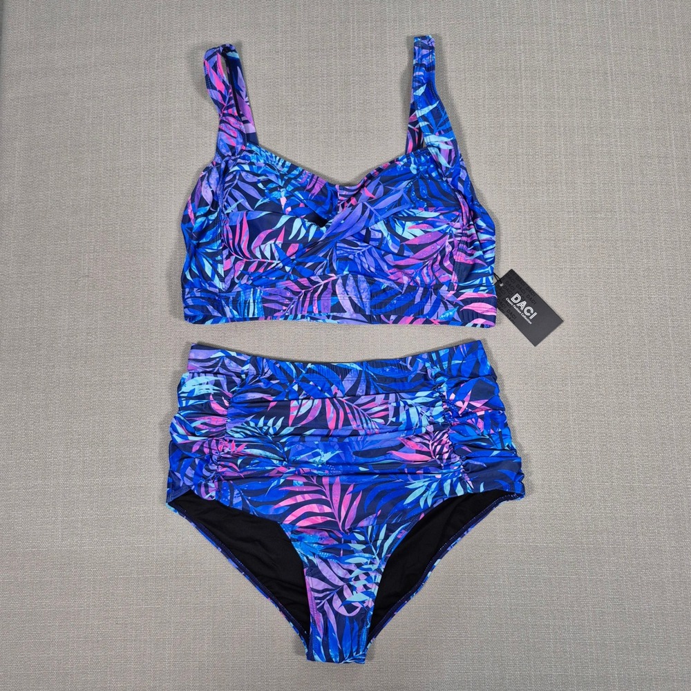 Daci Womens Plus Size 14W Bikini Set High Waisted Tummy Control Tropical Blue